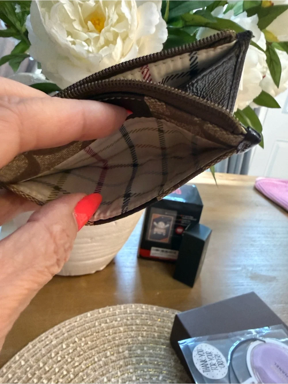 Coach Brown Signature Zip Card Case with Black Stripe and Red Logo